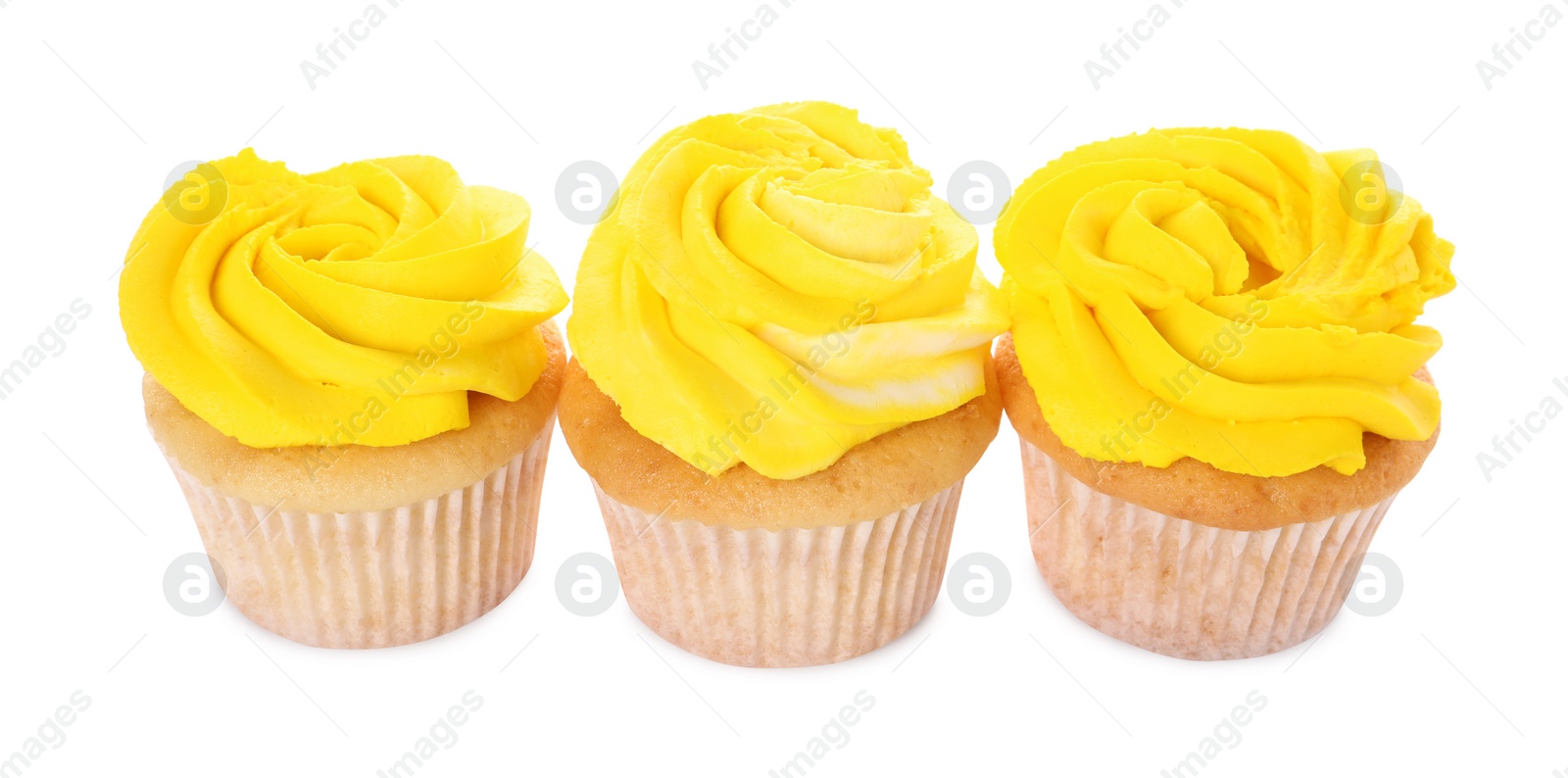 Photo of Delicious cupcakes with bright cream isolated on white