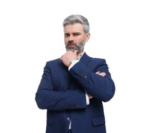 Photo of Mature businessman in stylish clothes posing on white background, low angle view