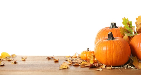 Composition with ripe pumpkins and autumn leaves on wooden table against white background. Happy Thanksgiving day