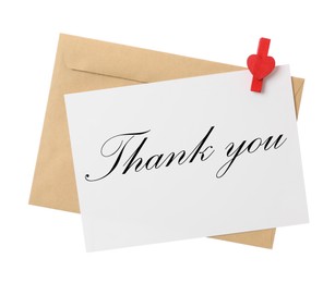 Image of Card with phrase Thank You, envelope and decorative clothespin on white background, top view