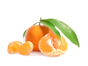 Photo of Tasty ripe tangerines with leaves on white background