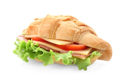 Tasty croissant sandwich with salami on white background