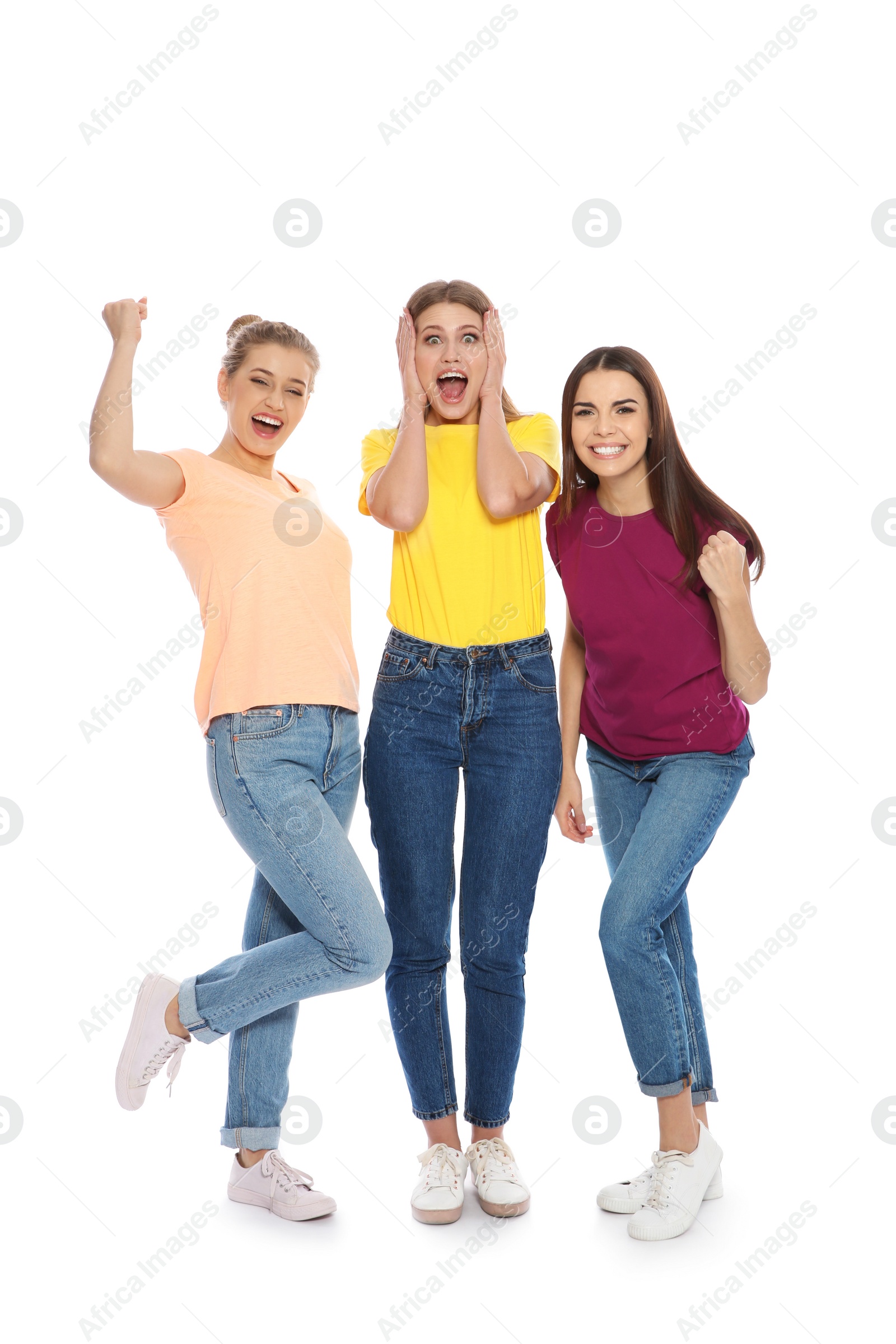 Photo of Young women celebrating victory on white background