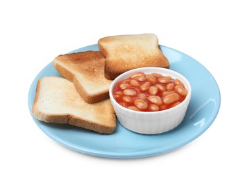 Photo of Delicious toast and baked beans on white background