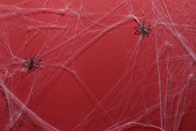 Photo of Cobweb and spiders on red background, top view