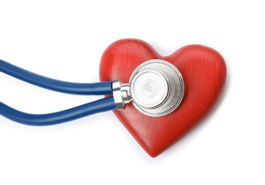 Red heart and stethoscope on white background, top view. Cardiology concept