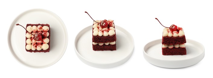 Image of Collage with tasty red velvet cake isolated on white background, top and side views