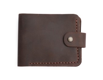 Photo of Stylish brown leather wallet isolated on white, top view