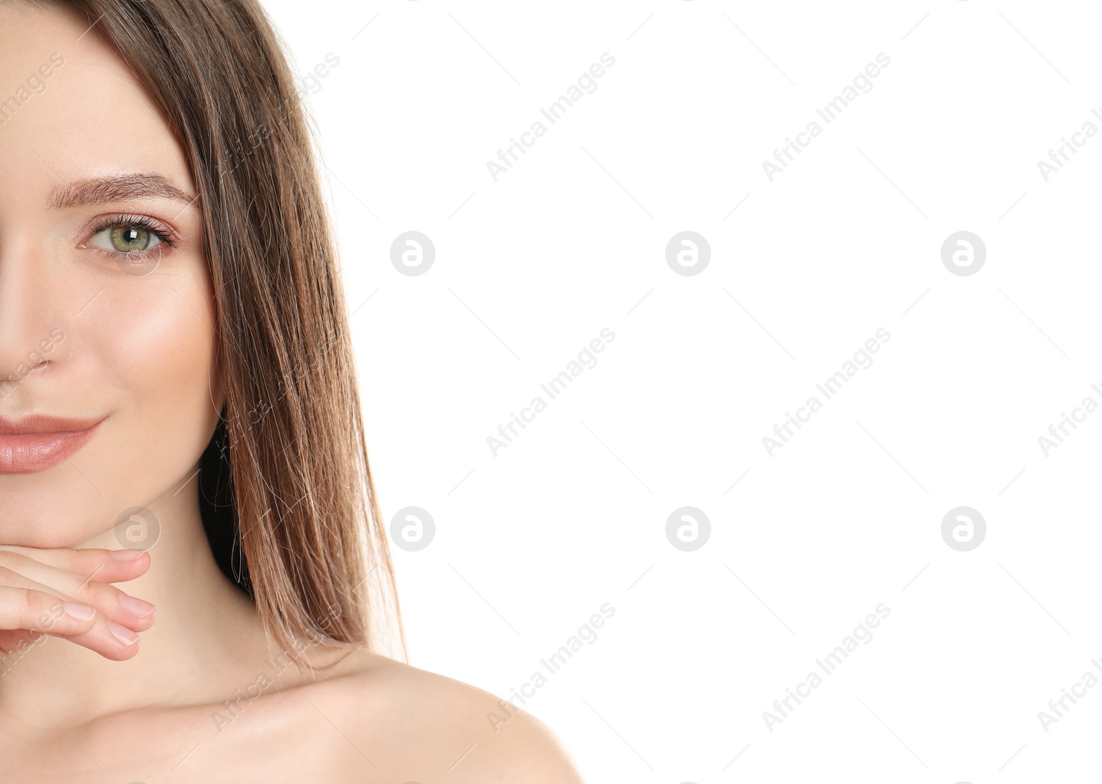 Photo of Portrait of young woman with beautiful face on white background