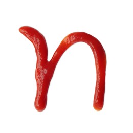 Letter N written with ketchup on white background