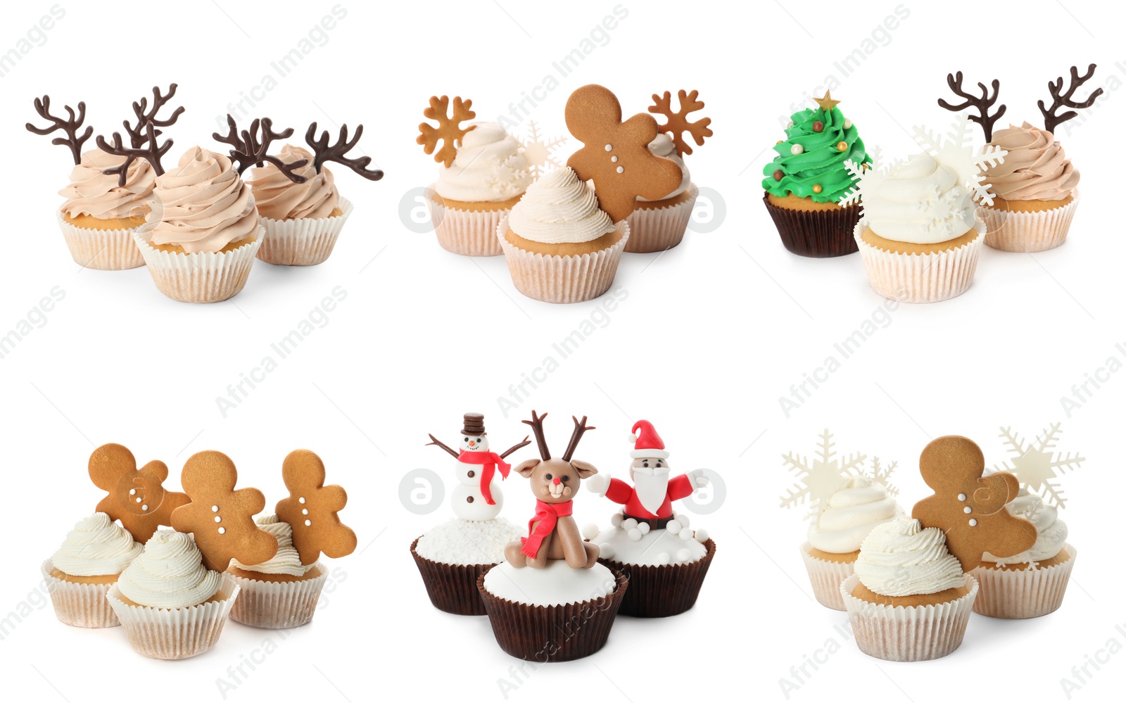 Image of Tasty cupcakes with Christmas decor on white background, collage