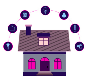 Illustration of smart home technology with automatic systems and icons on white background