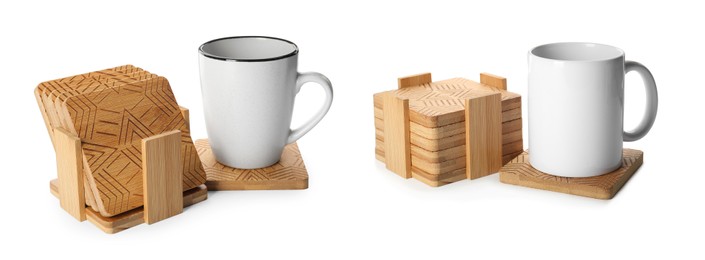 Image of Stylish wooden cup coasters and mugs on white background, collage. Banner design
