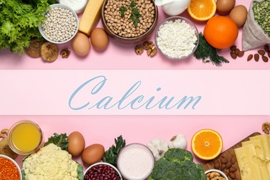 Image of Different fresh products with high amounts of easily absorbable calcium on pink background, flat lay