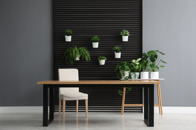 Photo of Wooden table and plants in room. Stylish interior design