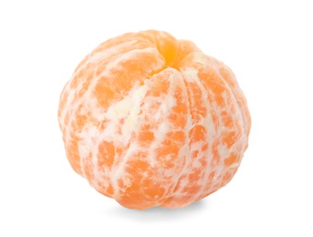 Peeled fresh ripe tangerine on white background