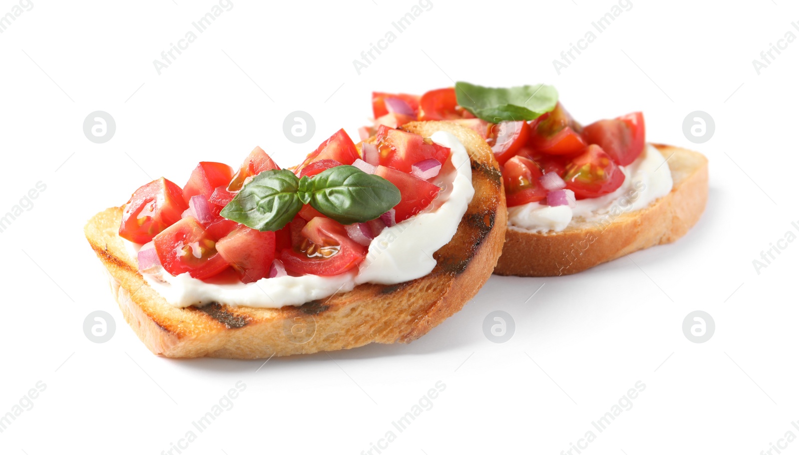 Photo of Tasty bruschettas with tomatoes on white background