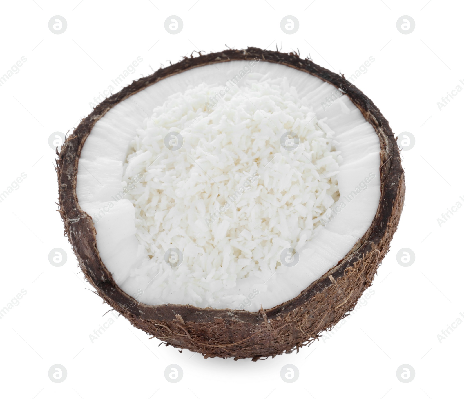 Photo of Tasty fresh coconut flakes isolated on white