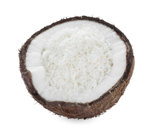 Photo of Tasty fresh coconut flakes isolated on white