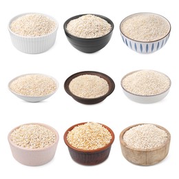 Image of Set of dry barley groats in bowls on white background