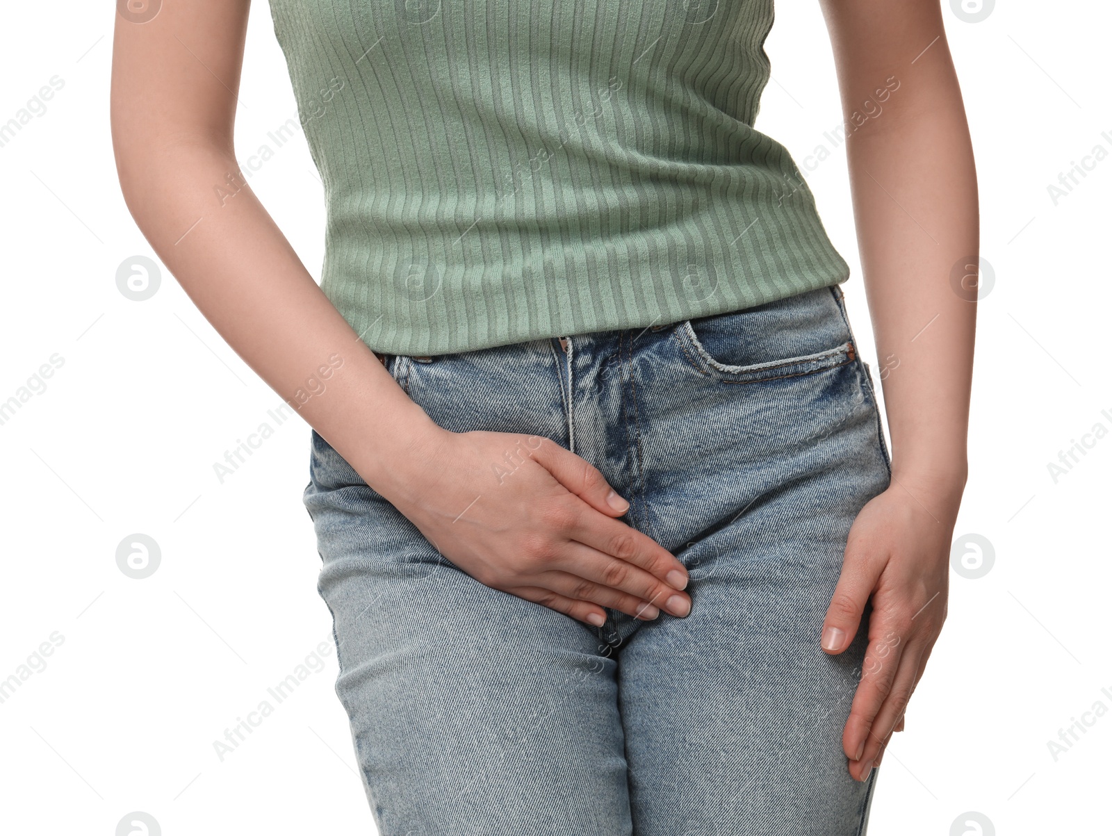 Photo of Woman suffering from cystitis on white background, closeup