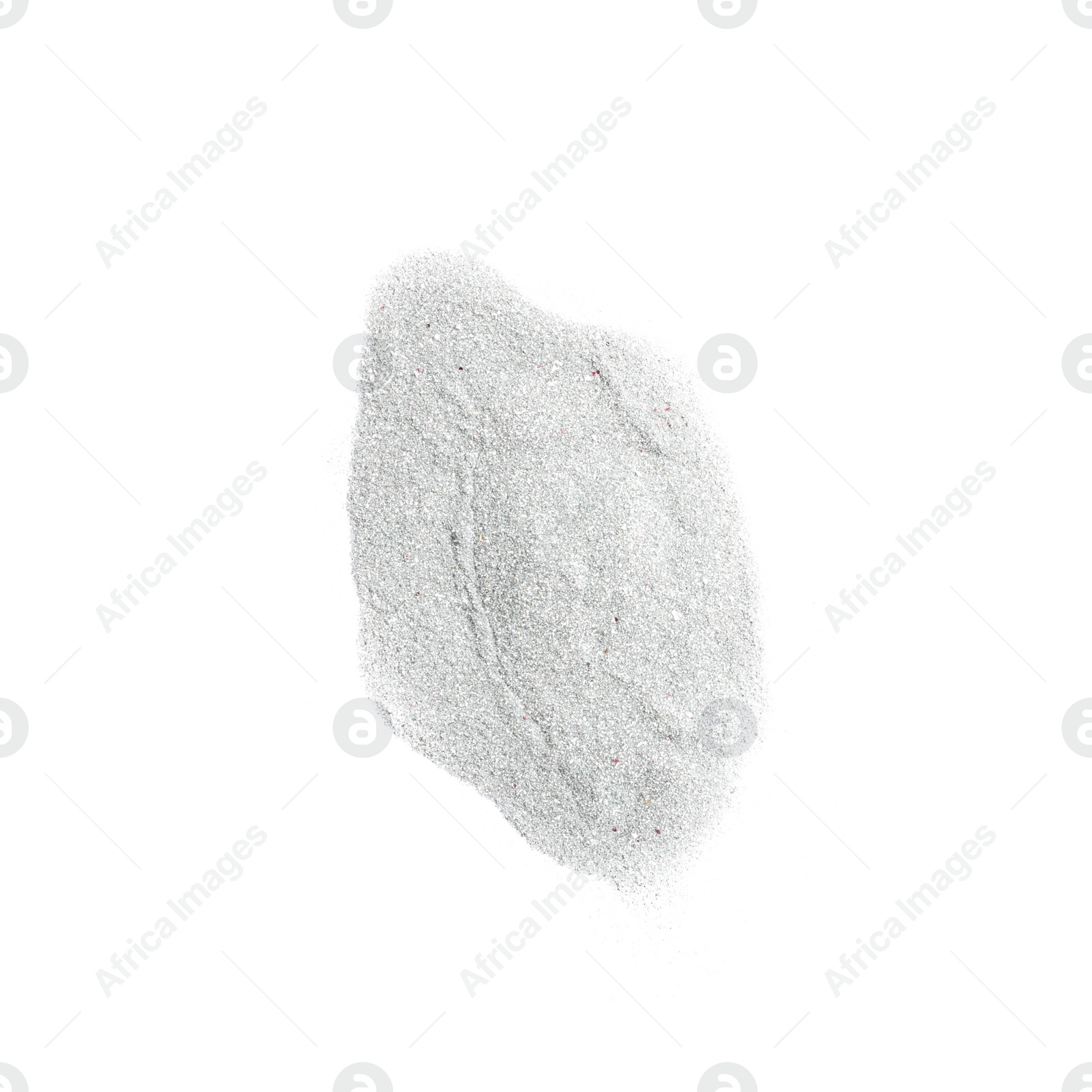 Photo of Heap of silver glitter on white background, top view