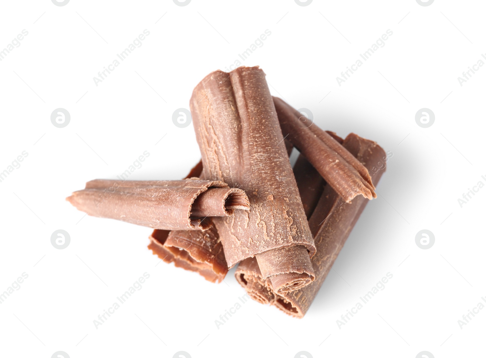 Photo of Chocolate curls for decor isolated on white, top view