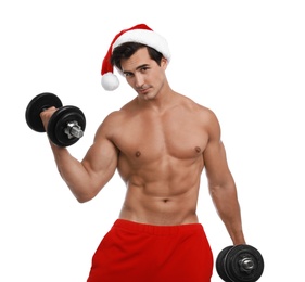 Photo of Sexy shirtless Santa Claus with dumbbells on white background