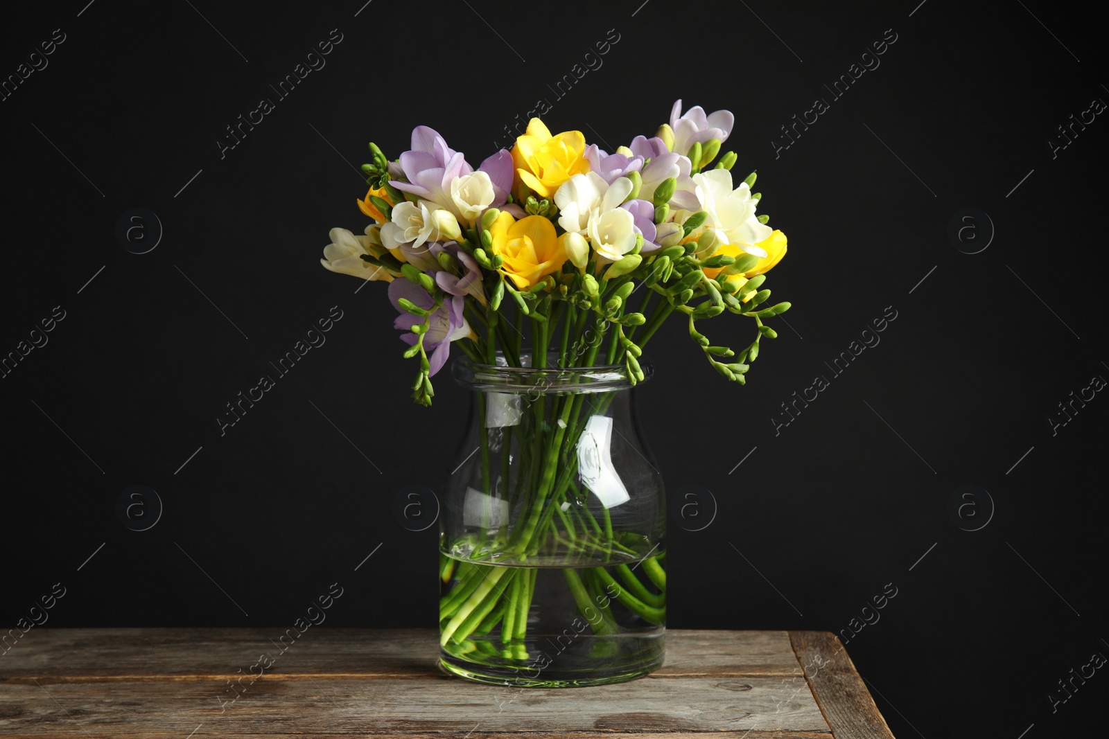 Photo of Bouquet of fresh freesia flowers in glass vase on table against black background