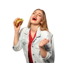 Pretty woman with tasty burger isolated on white