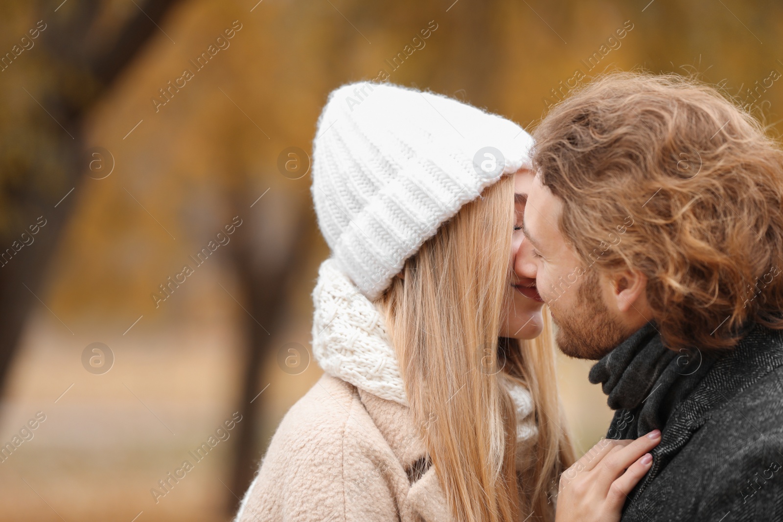 Photo of Young romantic couple in park on autumn day