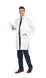 Full length portrait of medical doctor with clipboard isolated on white