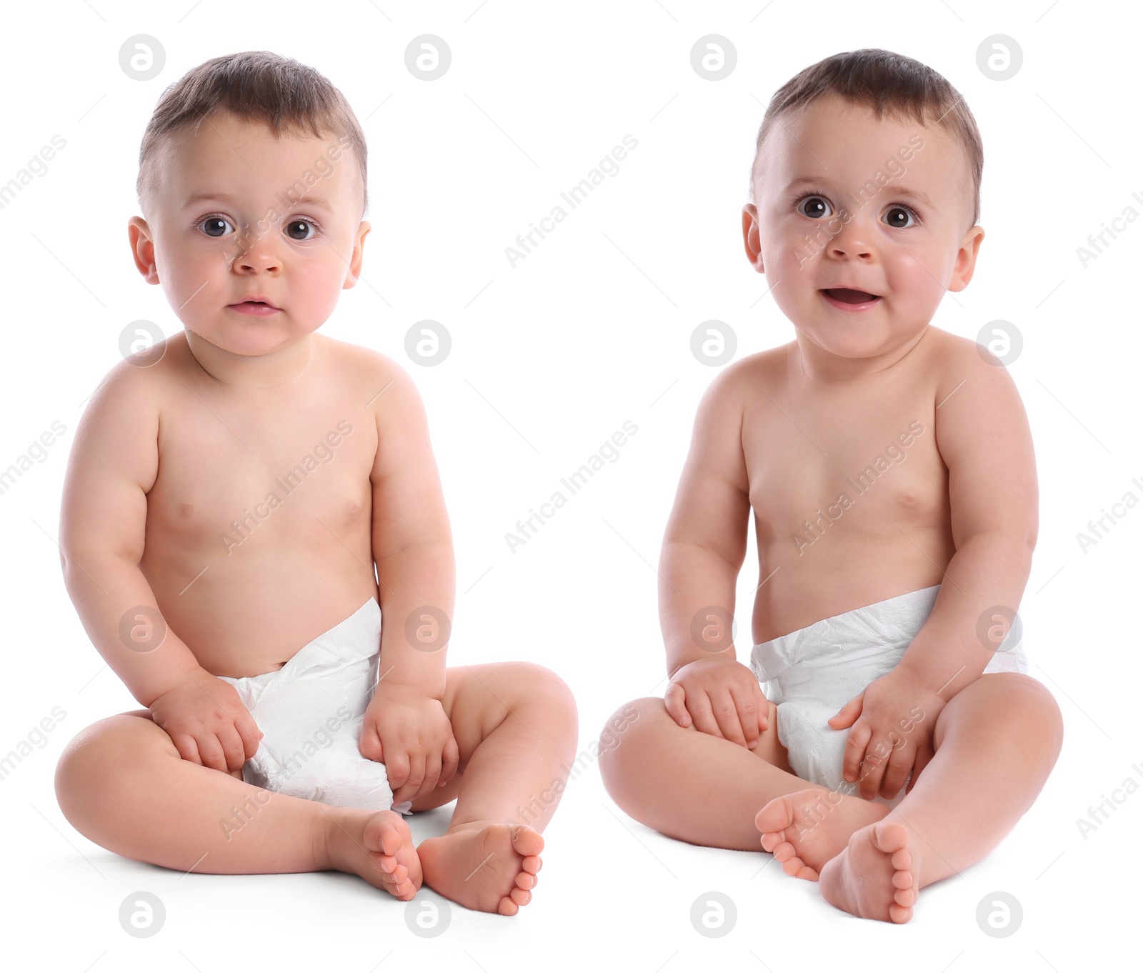 Image of Portrait of cute twin babies on white background