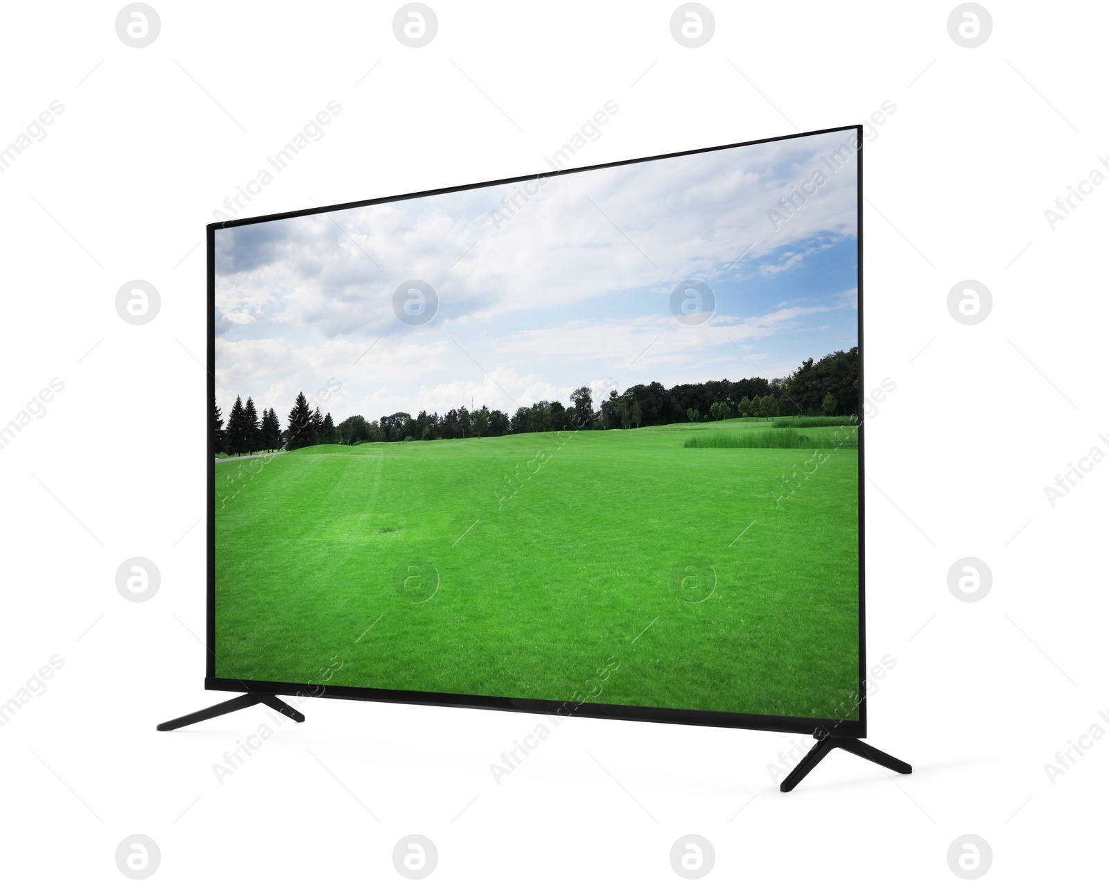 Image of Modern wide screen TV monitor showing beautiful golf course with green grass isolated on white