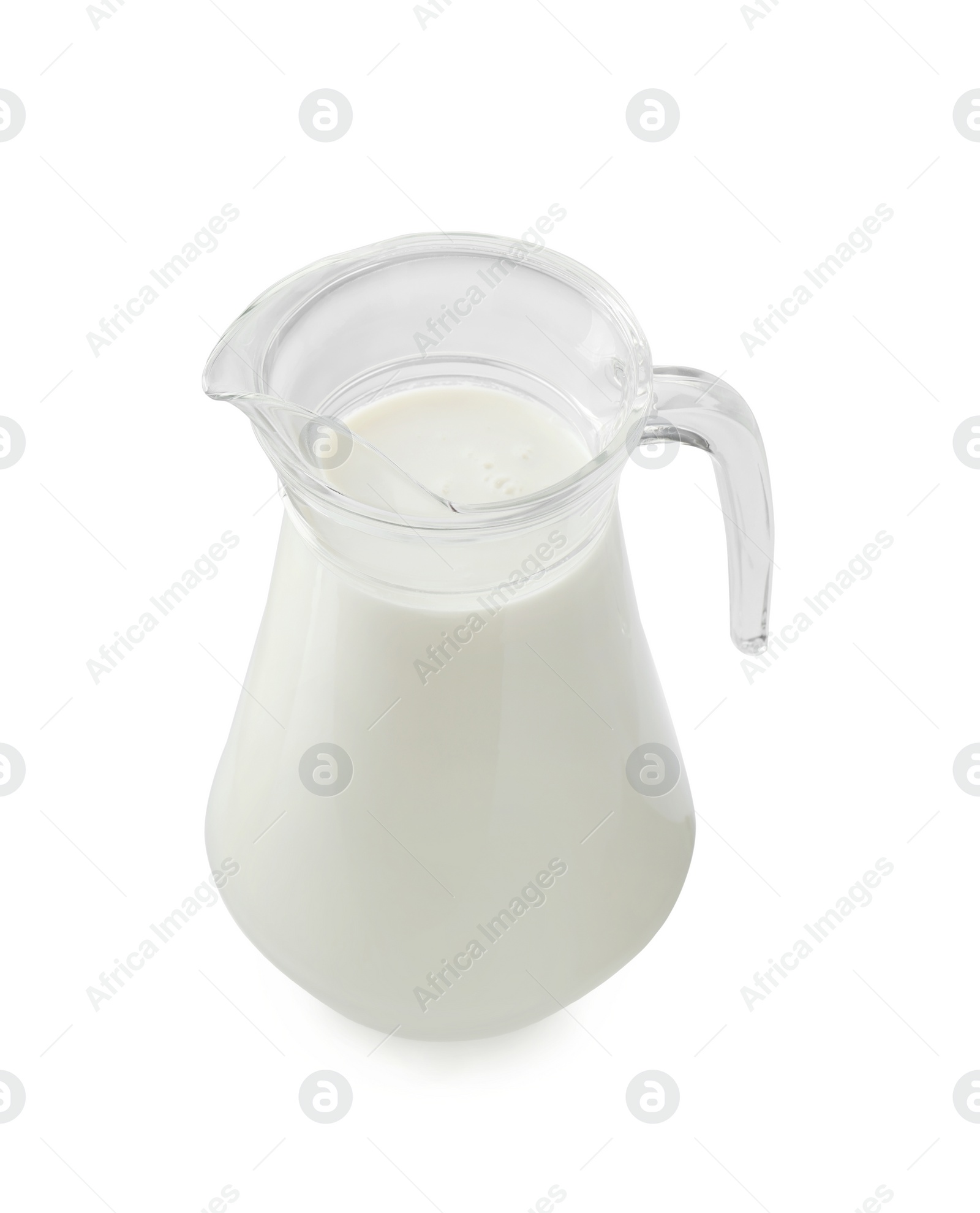 Photo of Glass jug of fresh milk isolated on white