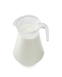 Photo of Glass jug of fresh milk isolated on white