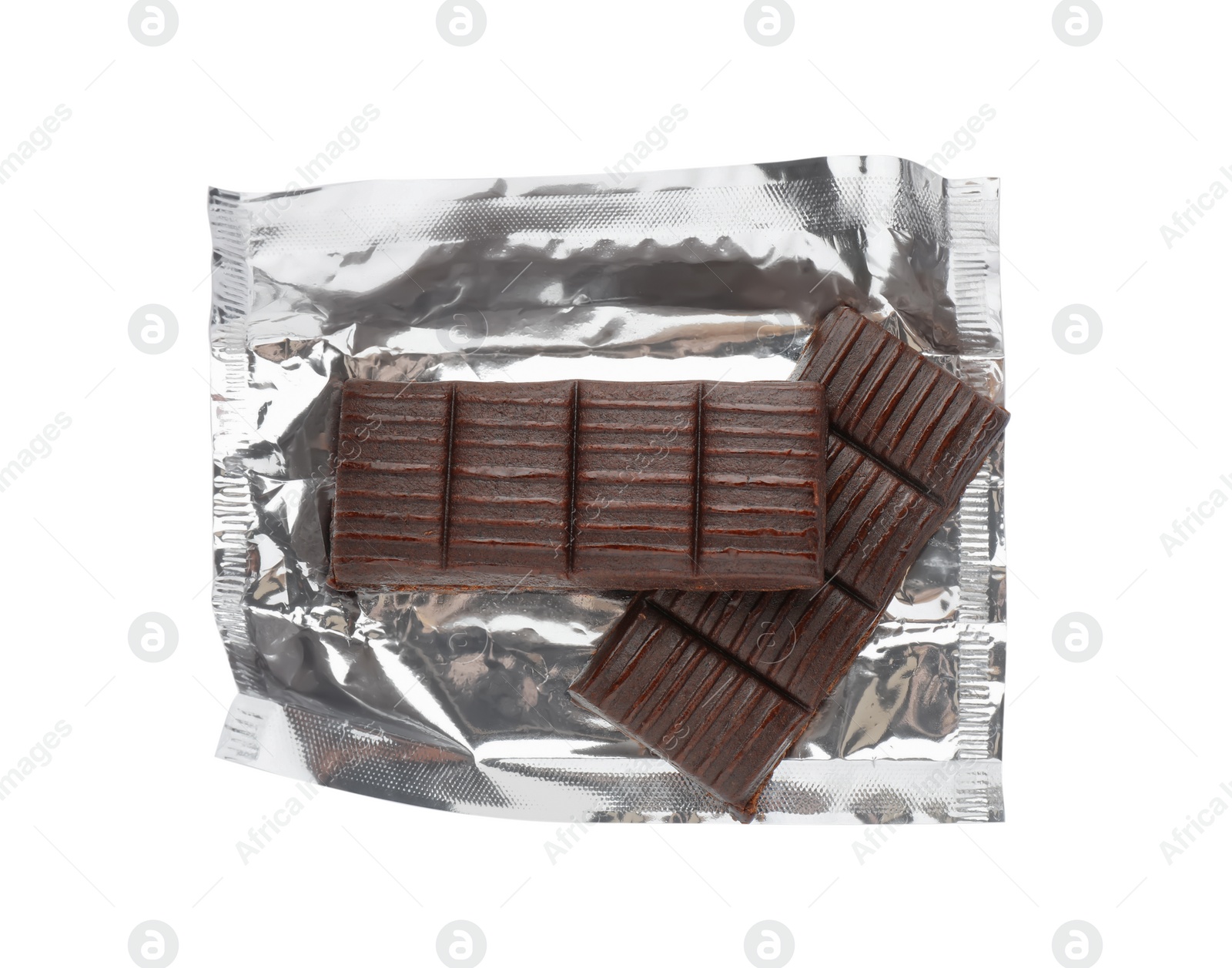 Photo of Hematogen bars with foil wrapper on white background, top view