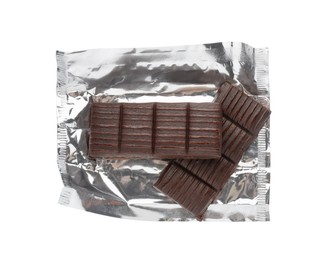 Photo of Hematogen bars with foil wrapper on white background, top view