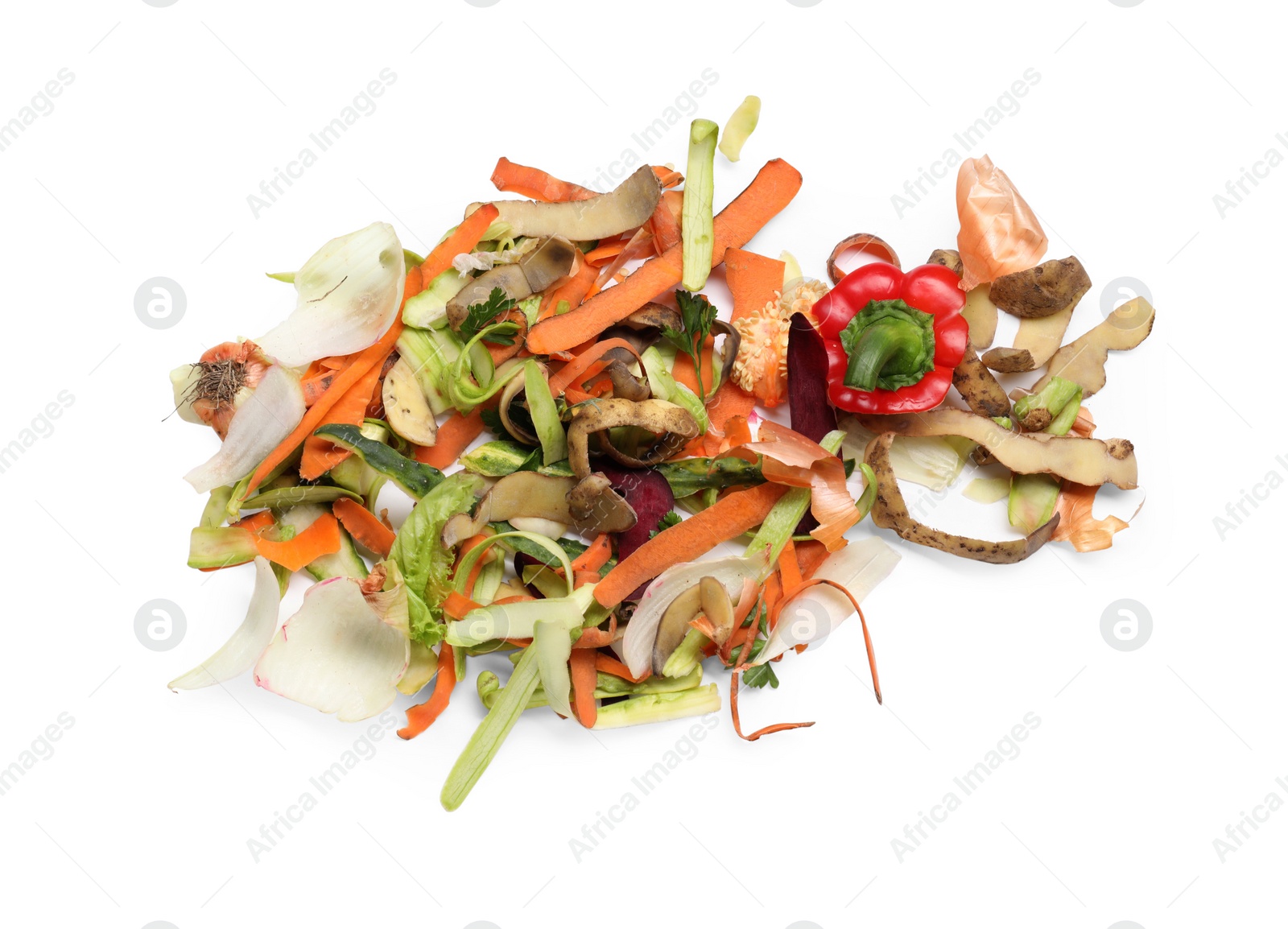 Photo of Peels of fresh vegetables isolated on white, top view