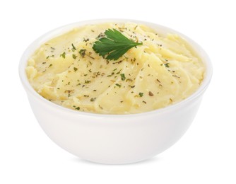 Photo of Bowl of delicious mashed potato with parsley isolated on white