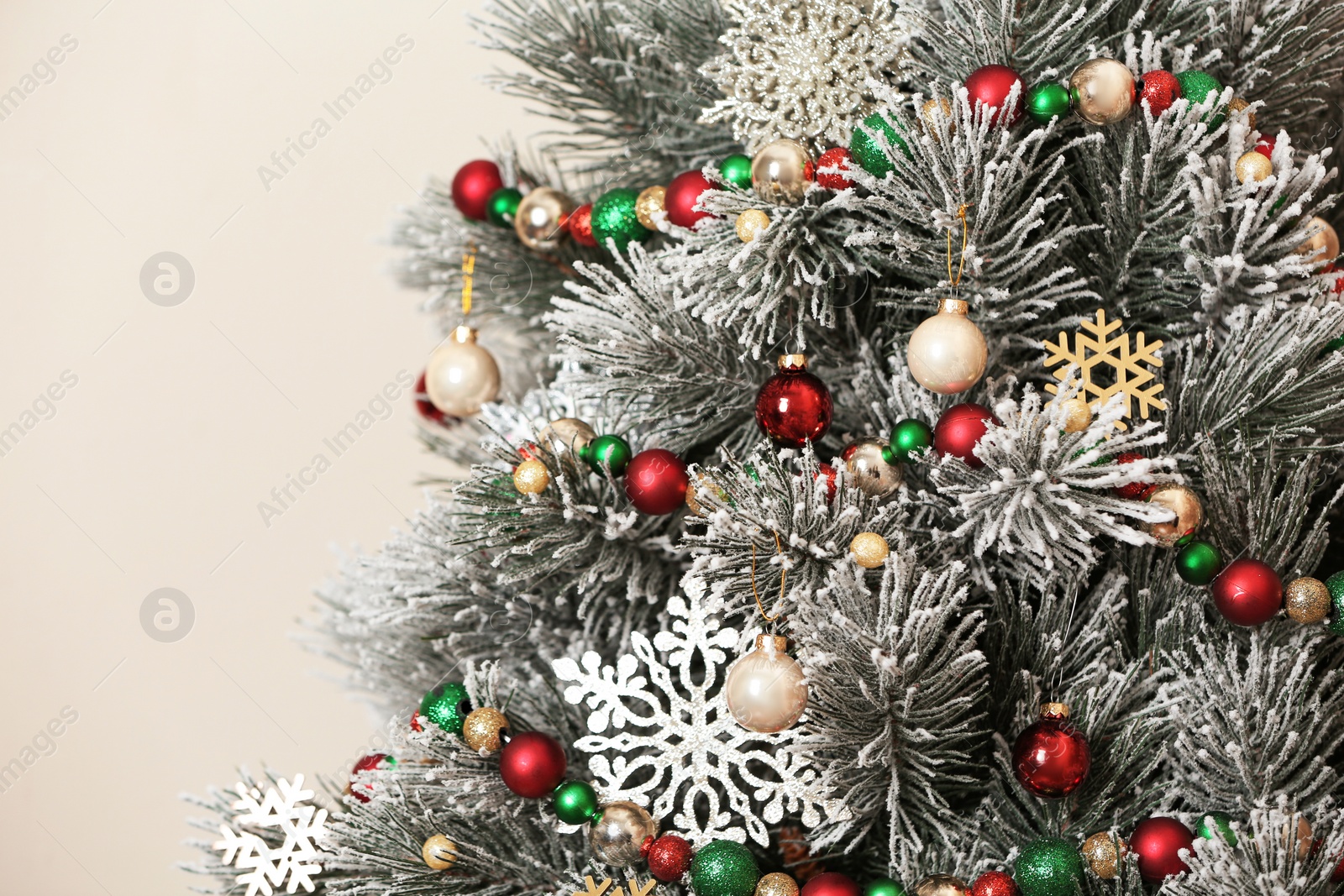 Photo of Beautiful Christmas tree with decor against light background, closeup