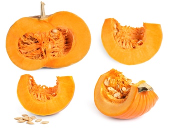 Image of Set of pumpkin pieces on white background