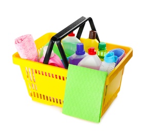 Photo of Yellow shopping basket with different household chemicals on white background