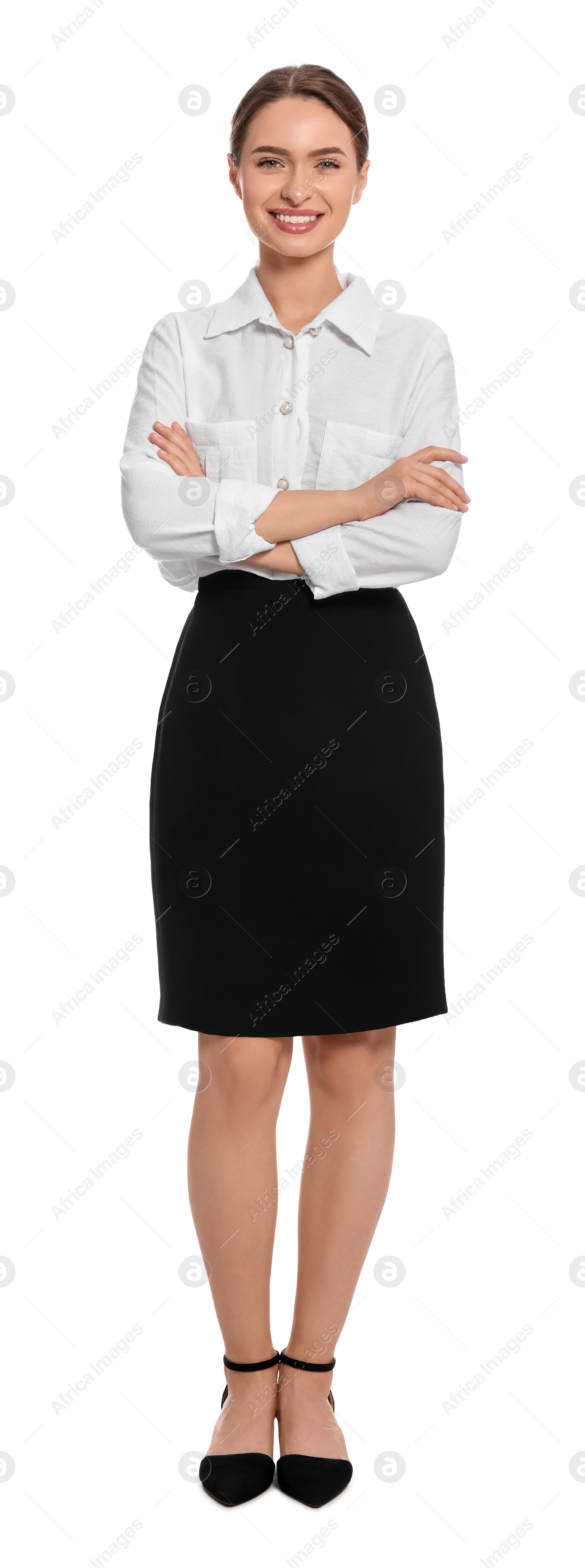 Photo of Full length portrait of hostess in uniform on white background