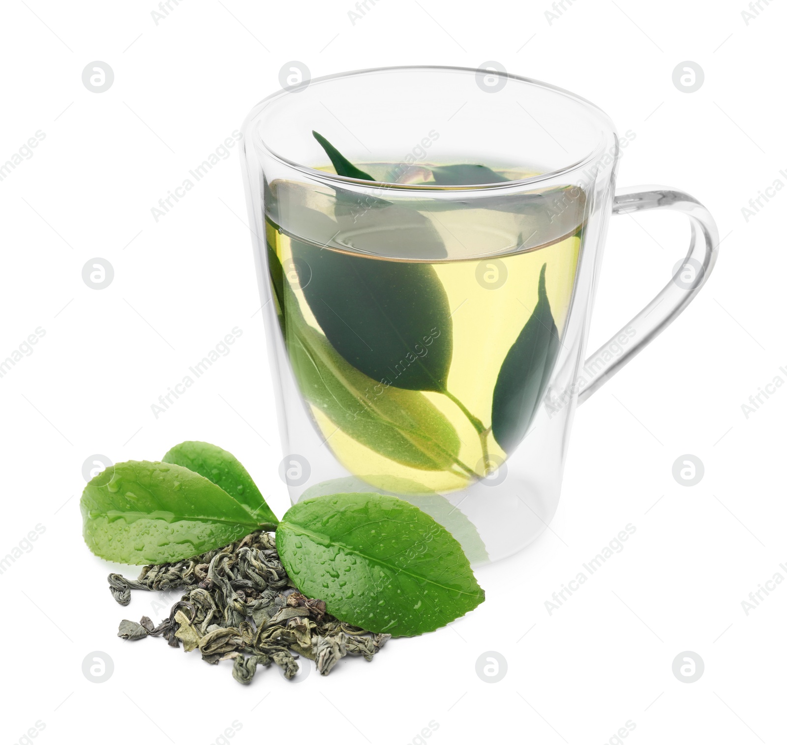 Image of Green tea in glass cup, fresh and dried leaves isolated on white