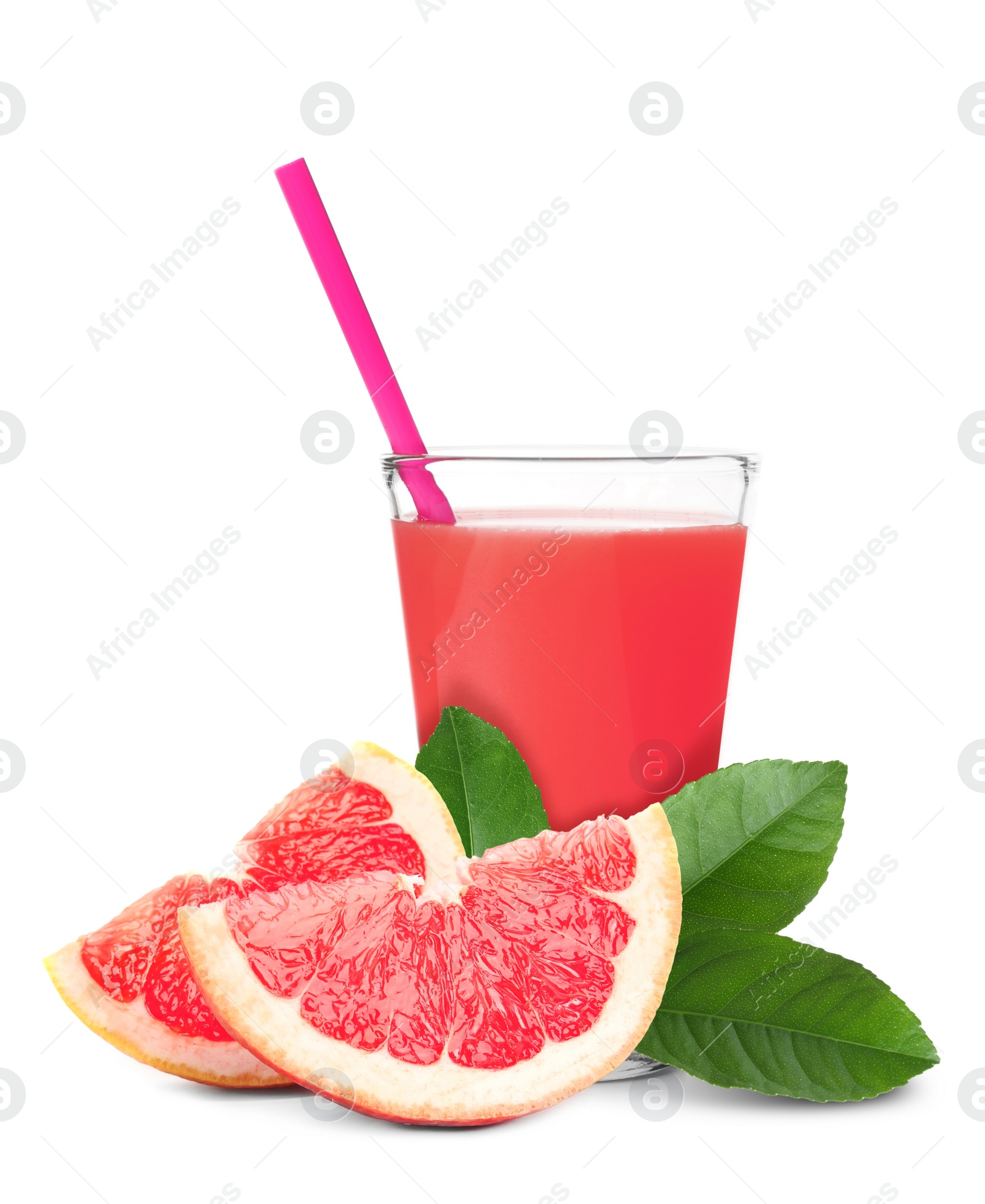 Image of Glass of grapefruit juice, fresh fruit and green leaves on white background