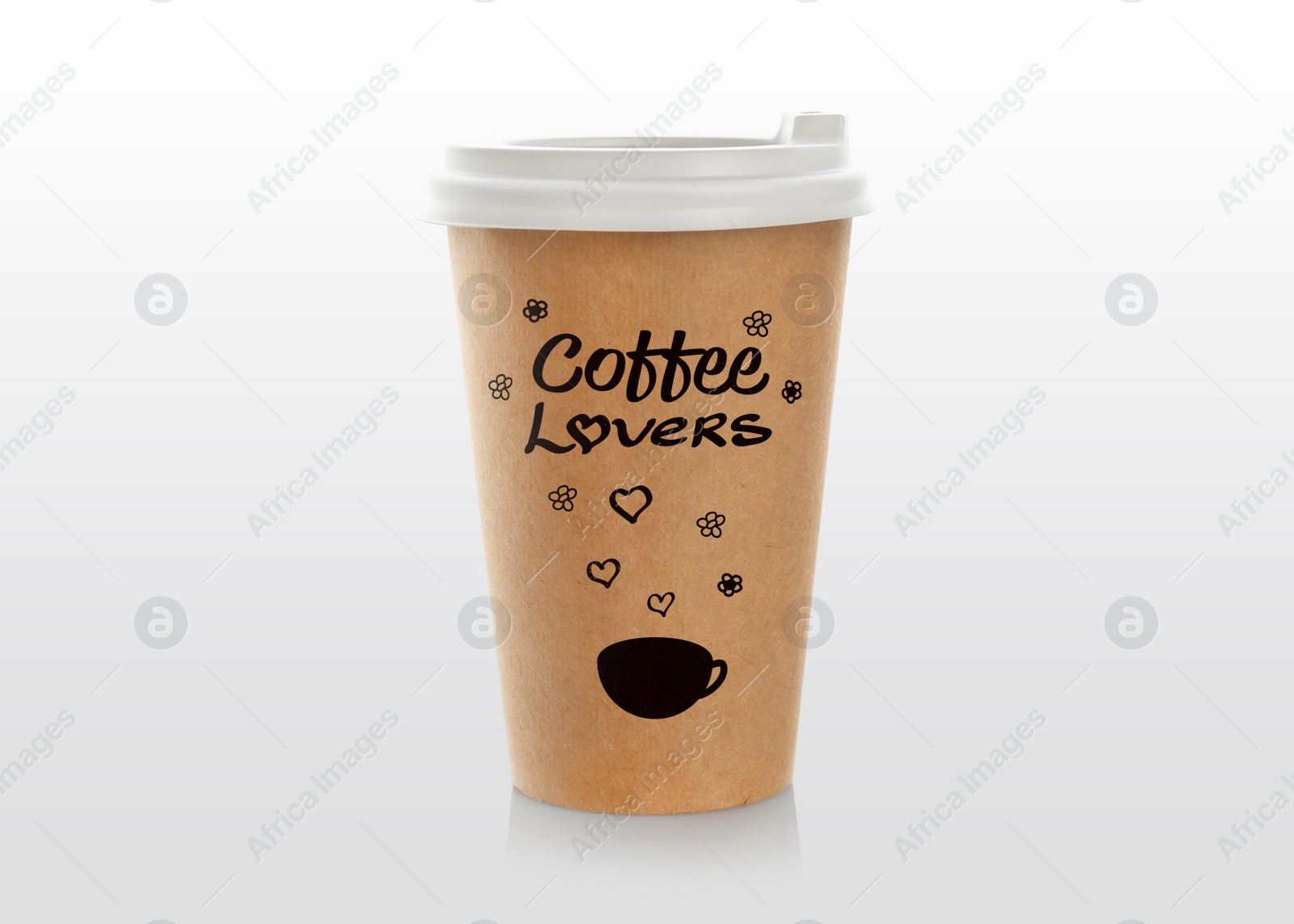 Image of Takeaway paper cup with printed phrase Coffee Lovers isolated on white