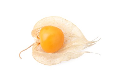 Photo of Ripe physalis fruit with calyx isolated on white, top view