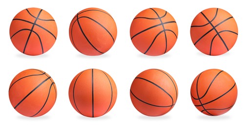 Image of Set with bright basketball balls on white background. Banner design 
