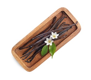 Photo of Vanilla pods, flowers and leaves isolated on white, top view